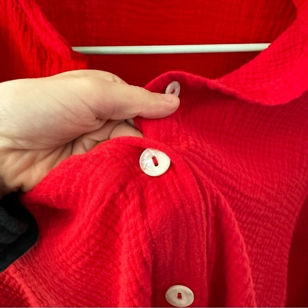 Charlie Holiday Red Cotton Gauze Harlow Button Down 3/4 Casual Oversized Shirt 6 - Picture 8 of 12